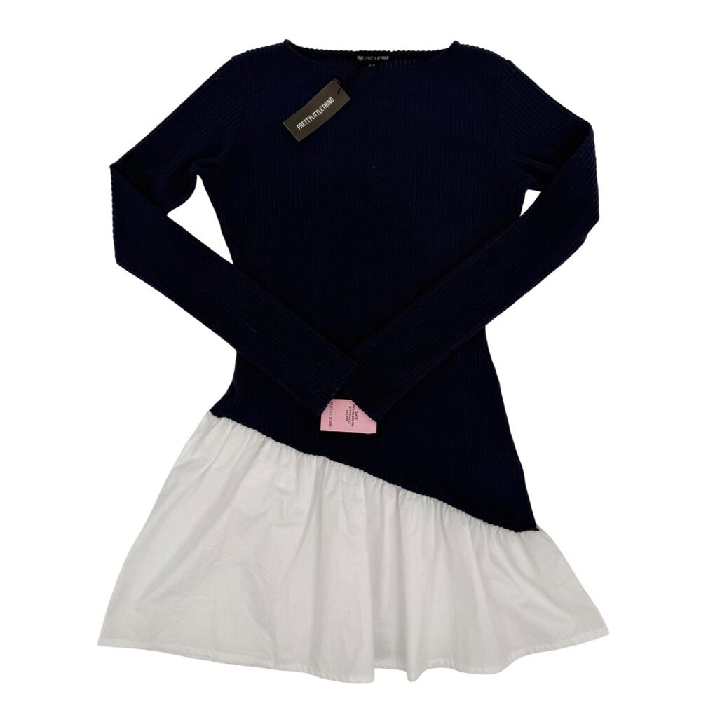 NWT PrettyLittleThing Navy Brushed Rib Asymmetric Ruffle Mini Dress Skater Style - Picture 14 of 16
